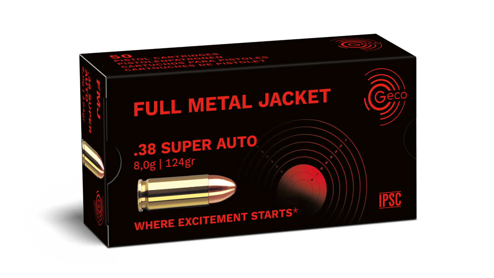 Frontview of ammunition and packaging of GECO .38 Super AUTO Full Metal Jacket 8,0g