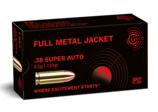 Frontview of ammunition and packaging of GECO .38 Super AUTO Full Metal Jacket 8,0g