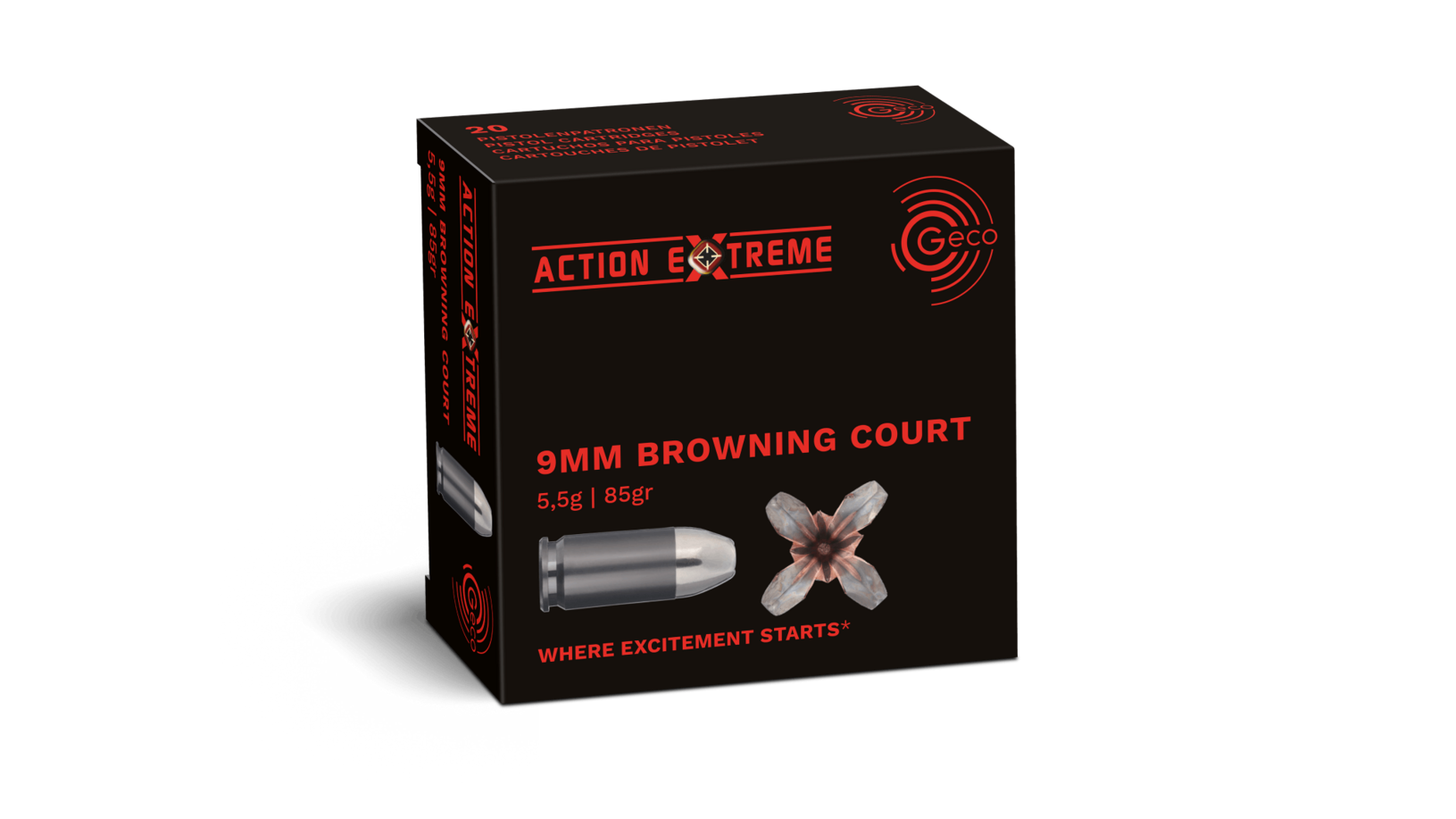 Frontview of packaging of GECO 9 mm Browning short Action Extreme 5,5g