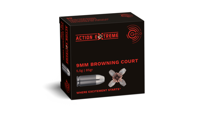 Frontview of packaging of GECO 9 mm Browning short Action Extreme 5,5g