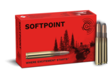 Frontview of ammunition and packaging of GECO 8x57 JS SOFTPOINT 12,0g