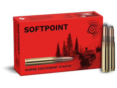 Frontview of ammunition and packaging of GECO 8x57 JS SOFTPOINT 12,0g