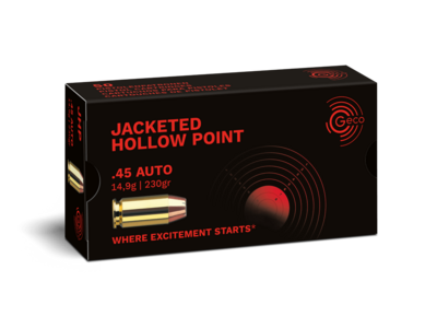 Frontview of ammunition and packaging of GECO .45 AUTO Jacketed Hollow Point 14,9g