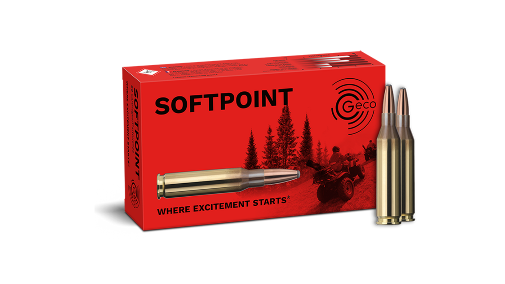 Frontview of ammunition and packaging of GECO .243 Win. SOFTPOINT 6,8g