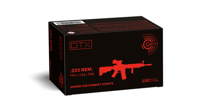 Frontview of packaging of GECO .223 Rem. DTX 3,6g