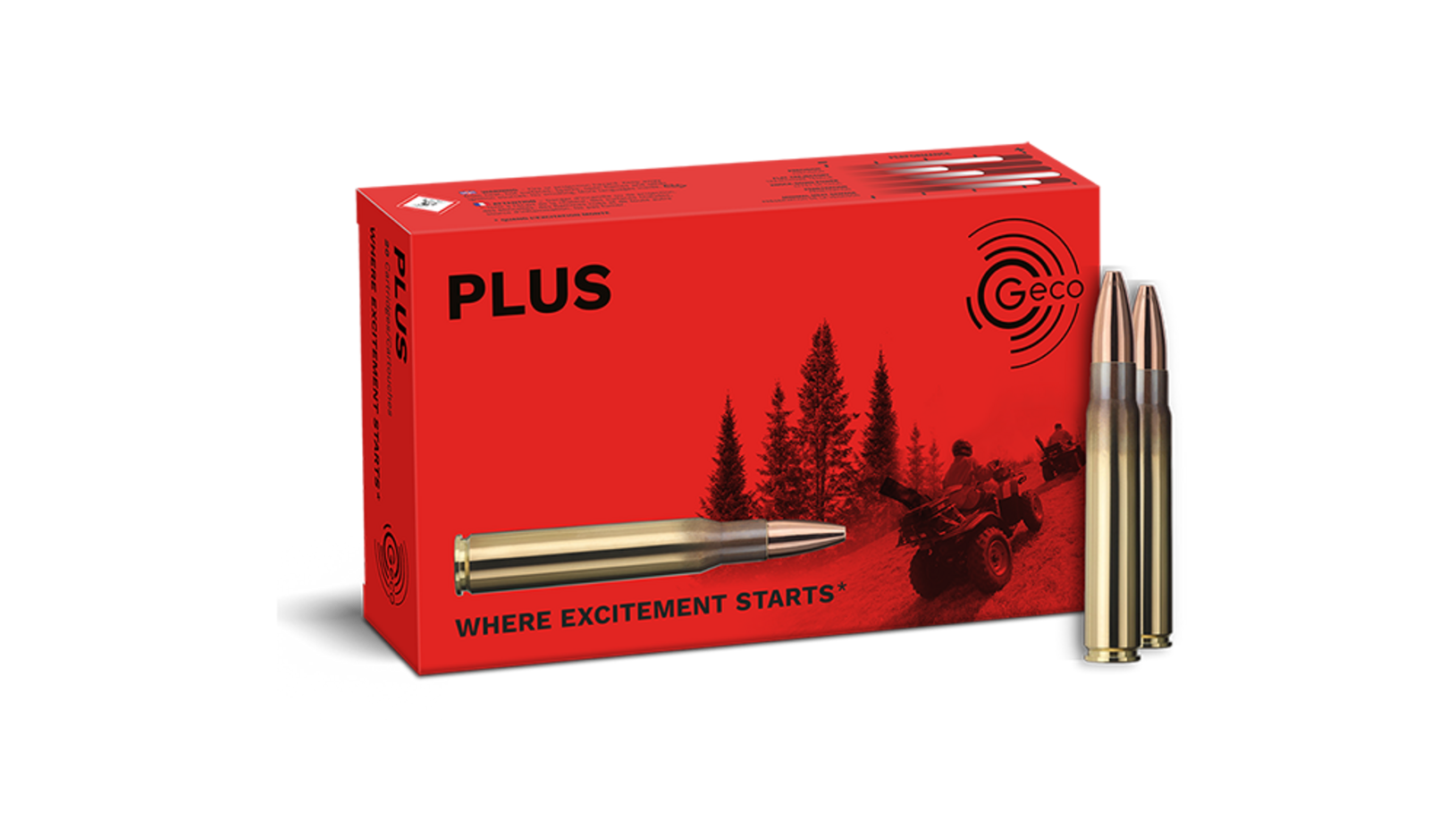 Frontview of ammunition and packaging of GECO 9,3x62 PLUS 16,5g