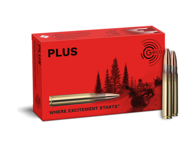 Frontview of ammunition and packaging of GECO 9,3x62 PLUS 16,5g