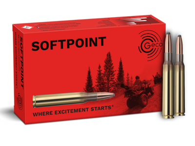 Frontview of ammunition and packaging of GECO 7x64 SOFTPOINT 10,7g