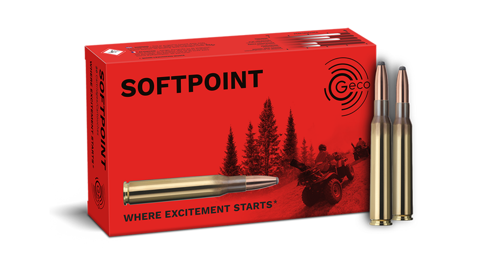 Frontview of ammunition and packaging of GECO 7x64 SOFTPOINT 10,7g