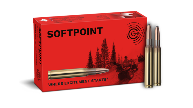 Frontview of ammunition and packaging of GECO 7x64 SOFTPOINT 10,7g