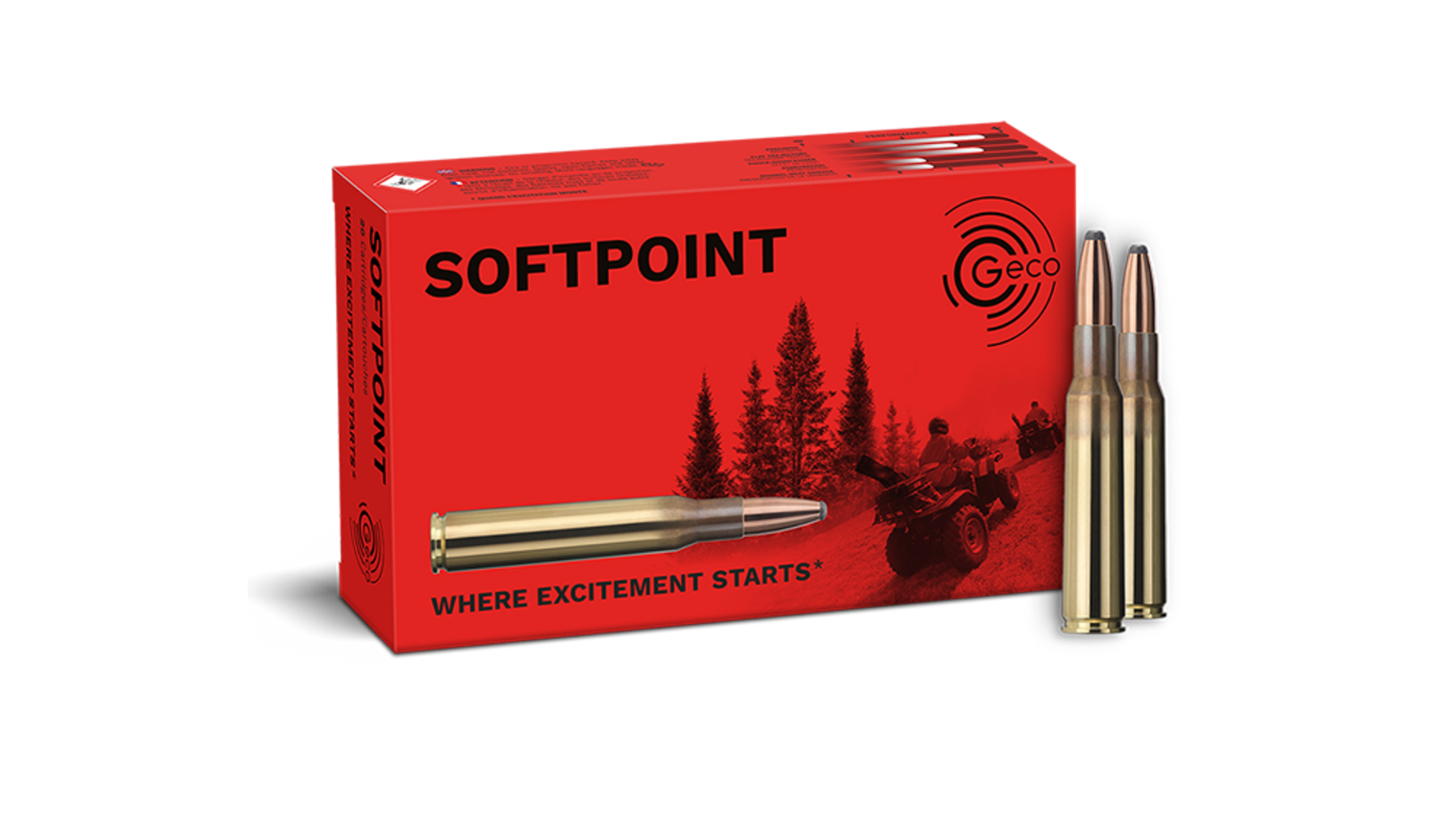 Frontview of ammunition and packaging of GECO 7x57 Softpoint 10,7g