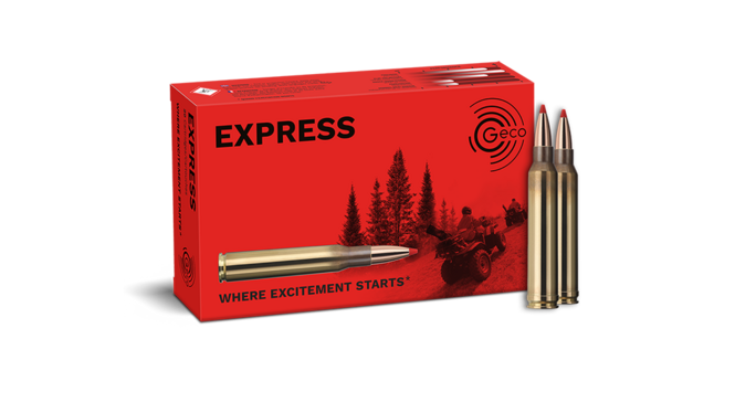 Frontview of ammunition and packaging of GECO .300 Win. Mag. EXPRESS 10,7g