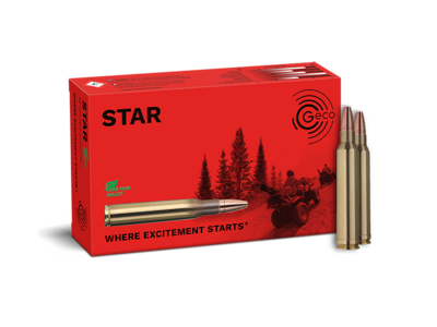 Frontview of ammunition and packaging of GECO .300 Win. Mag. STAR 10,7g