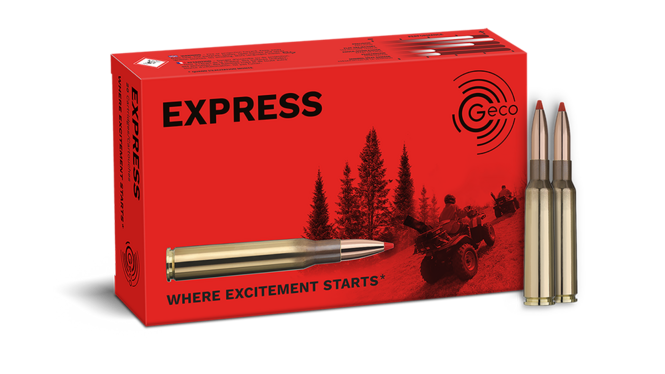 Frontview of ammunition and packaging of GECO 6,5x55 SE EXPRESS 9,1g