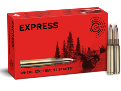 Frontview of ammunition and packaging of GECO 6,5x55 SE EXPRESS 9,1g
