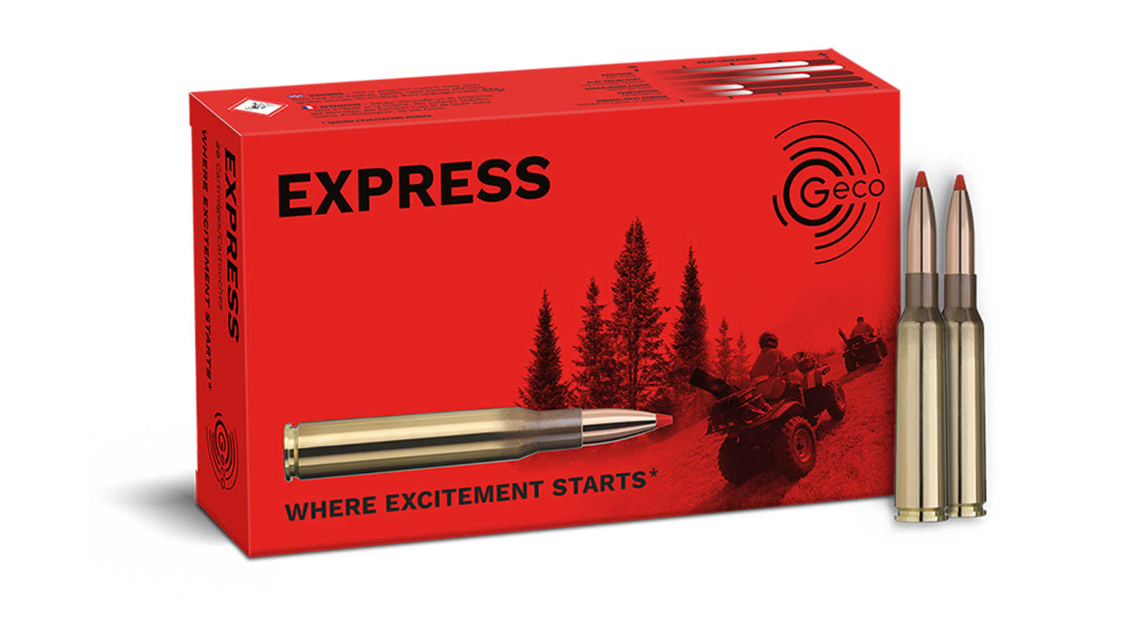 Frontview of ammunition and packaging of GECO 6,5x55 SE EXPRESS 9,1g