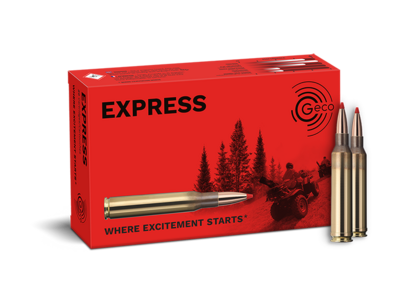 Frontview of ammunition and packaging of GECO 7mm Rem. Mag. Express 10,0g