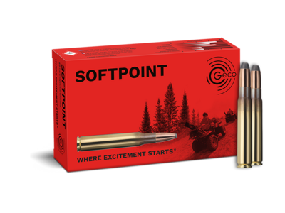 Frontview of ammunition and packaging of GECO 9,3x62 Softpoint 16,5g