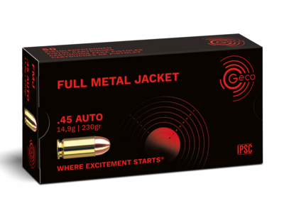 Frontview of ammunition and packaging of GECO .45 AUTO Full Metal Jacket 14,9g