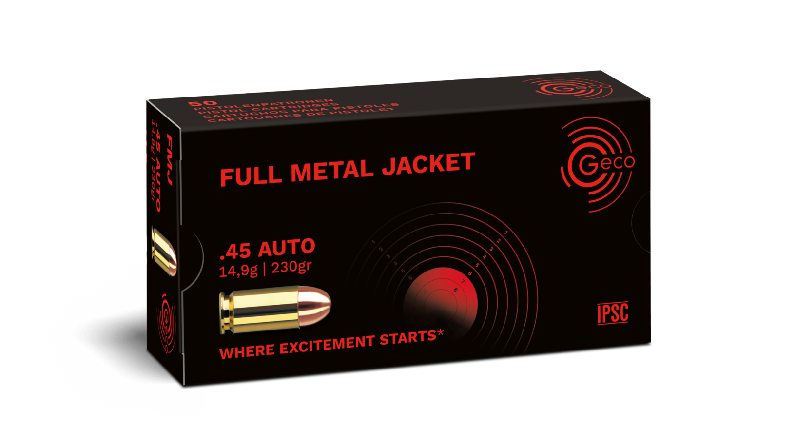 Frontview of ammunition and packaging of GECO .45 AUTO Full Metal Jacket 14,9g