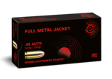 Frontview of ammunition and packaging of GECO .45 AUTO Full Metal Jacket 14,9g