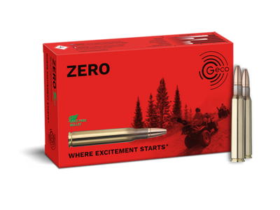 Frontview of ammunition and packaging of GECO 7x64 ZERO 8,2g
