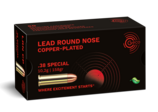 Frontview of ammunition and packaging of GECO .38 Special Lead Round Nose, copper-plated 10,2g