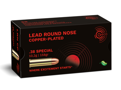 Frontview of ammunition and packaging of GECO .38 Special Lead Round Nose, copper-plated 10,2g