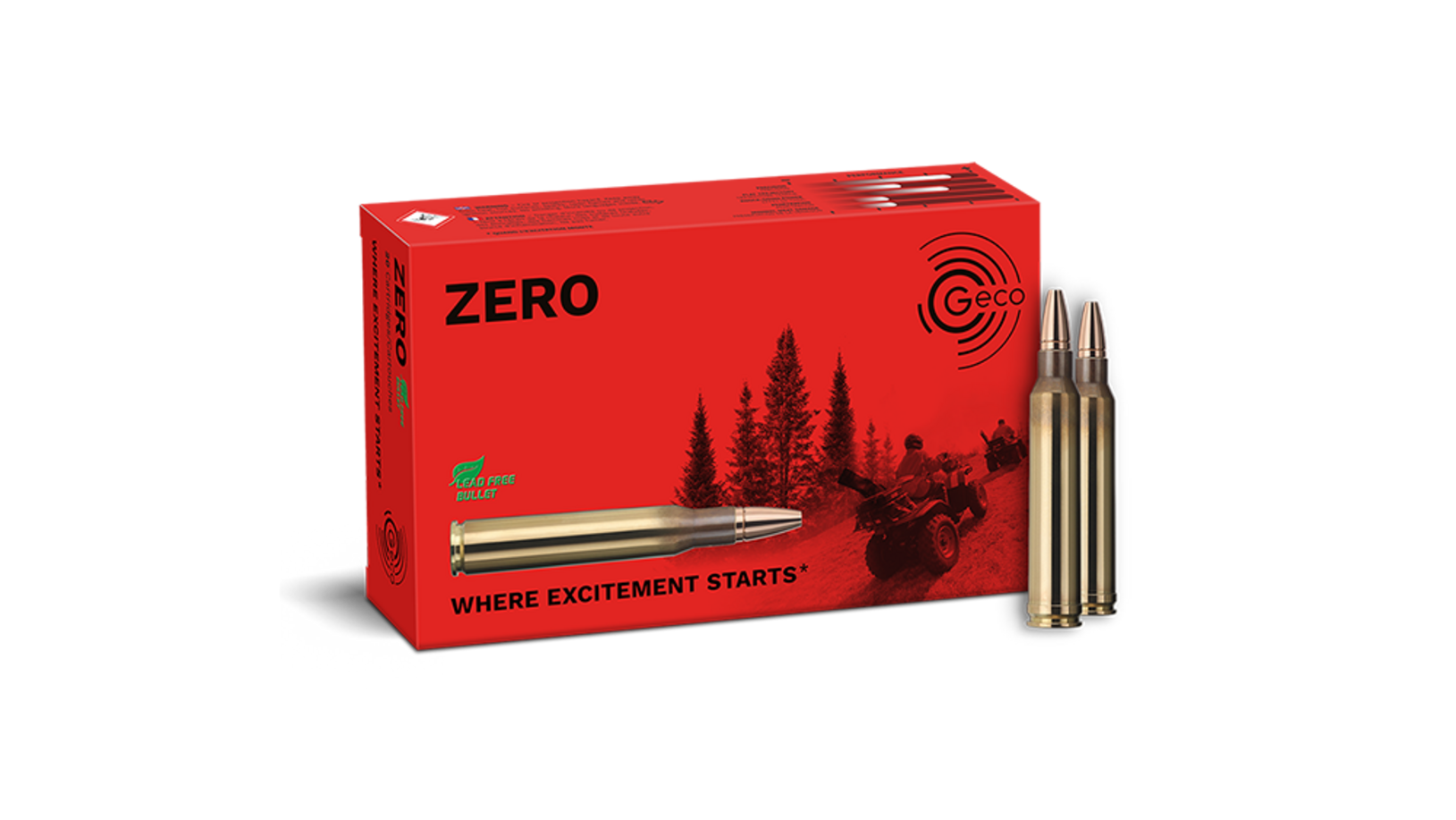 Frontview of ammunition and packaging of GECO .300 Win. Mag. ZERO 8,8g