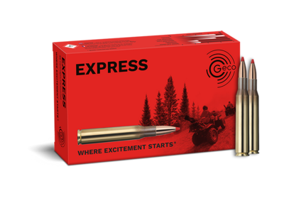 Frontview of ammunition and packaging of GECO .270 Win. EXPRESS 8,4g