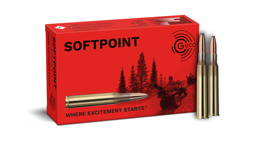 Frontview of ammunition and packaging of GECO 7x65 R SOFTPOINT 8,2g