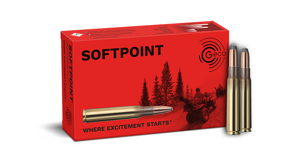Frontview of ammunition and packaging of GECO 8x57 JS SOFTPOINT 12,0g