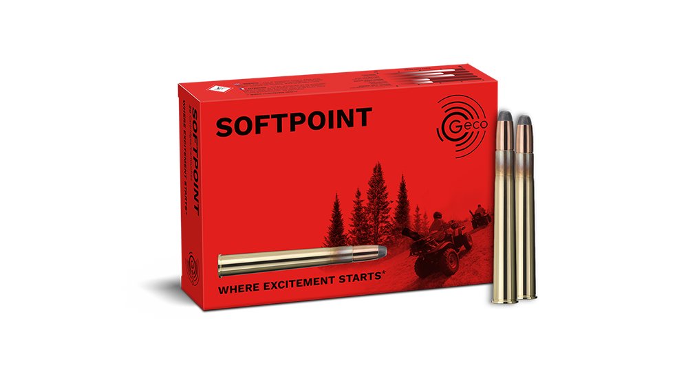 Frontview of ammunition and packaging of GECO 9,3x74 R SOFTPOINT 16,5g