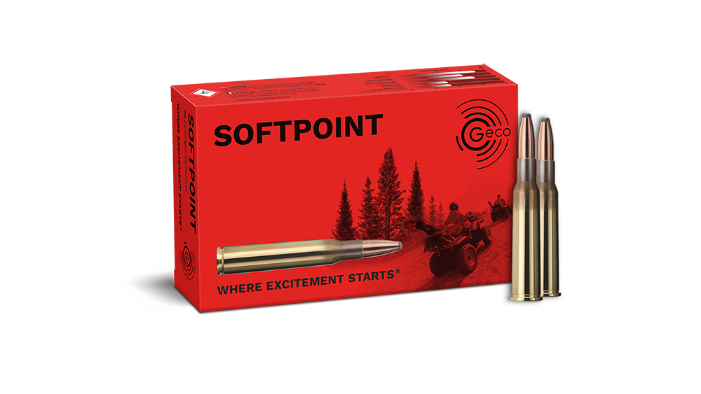 Frontview of ammunition and packaging of GECO 7x57 R SOFTPOINT 10,7g
