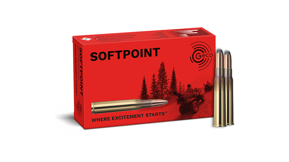 Frontview of ammunition and packaging of GECO 8x57 JRS SOFTPOINT 12,0g