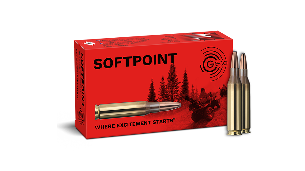Frontview of ammunition and packaging of GECO .243 Win. SOFTPOINT 6,8g