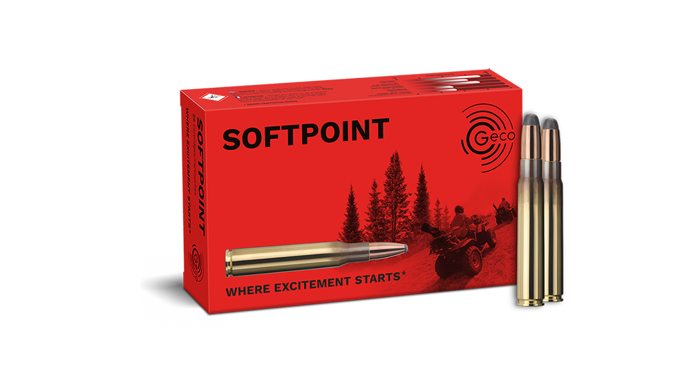 Frontview of ammunition and packaging of GECO 9,3x62 Softpoint 16,5g