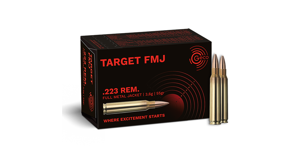 Frontview of ammunition and packaging of GECO .223 Rem. TARGET FMJ 3,6g
