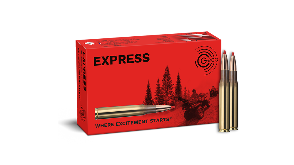 Frontview of ammunition and packaging of GECO .30-06 EXPRESS 10,7g