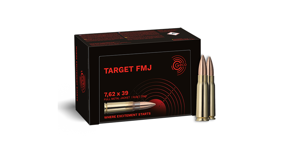 Frontview of ammunition and packaging of GECO 7,62x39 TARGET FMJ 8,0g