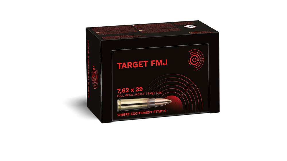 Frontview of packaging of GECO 7,62x39 TARGET FMJ 8,0g
