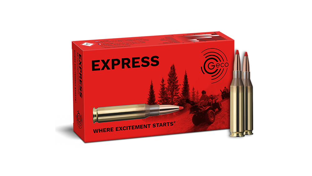 Ammunition and packaging of GECO .243 Win. EXPRESS 4,9g Frontview of ammunition and packaging of GECO .243 Win. EXPRESS 4,9g