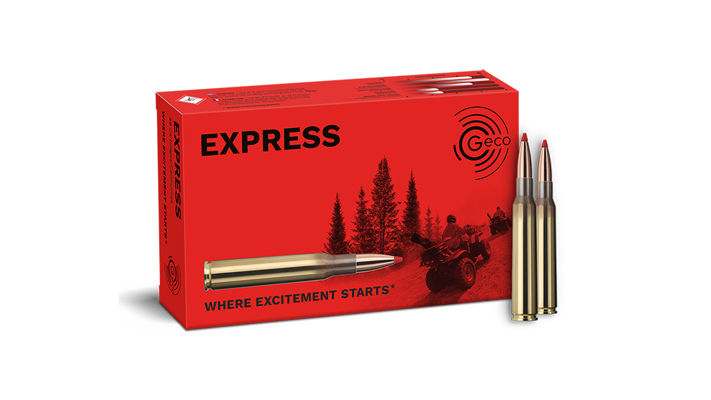 Frontview of ammunition and packaging of GECO 7x64 EXPRESS 10,0g