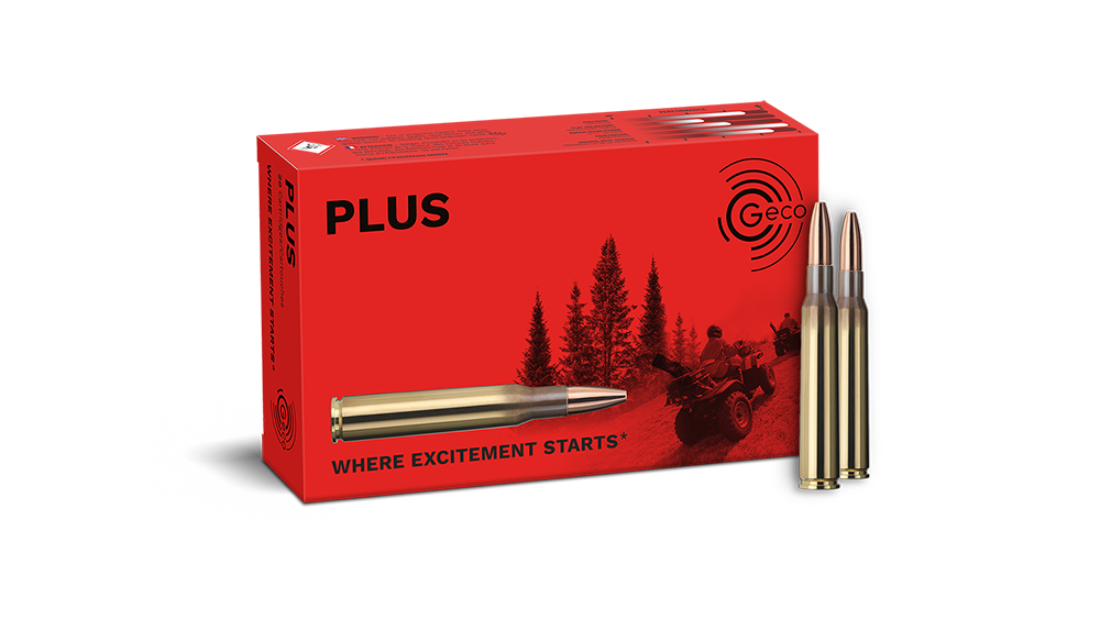 Frontview of ammunition and packaging of GECO 7x64 PLUS 11,0g