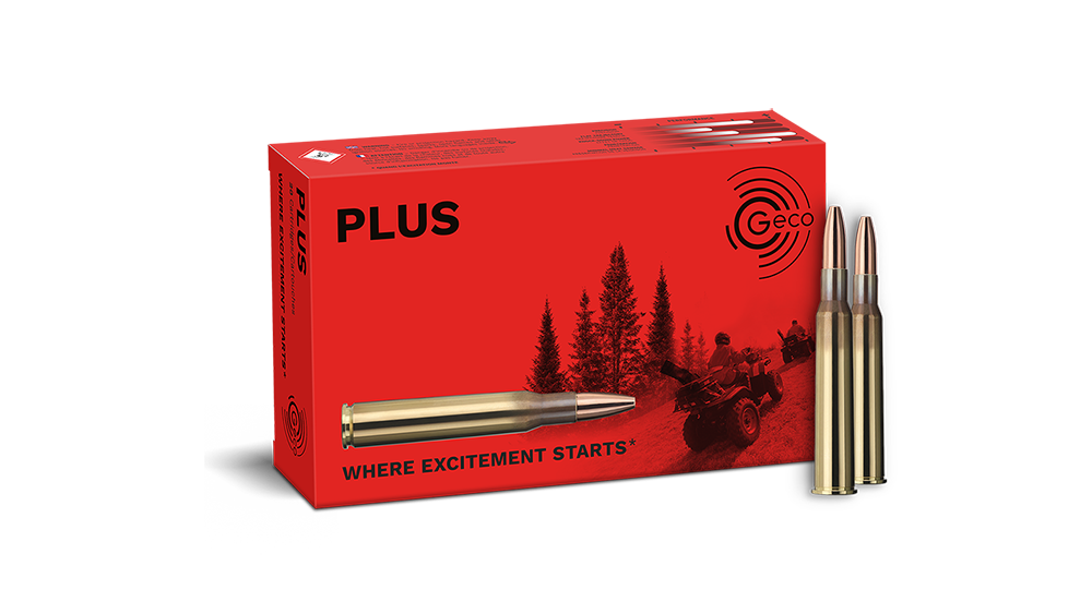 Frontview of ammunition and packaging of GECO 7x65 R PLUS 8,2g