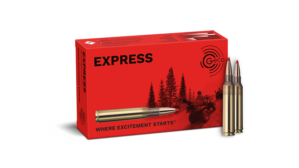 Frontview of ammunition and packaging of GECO 7mm Rem. Mag. Express 10,0g