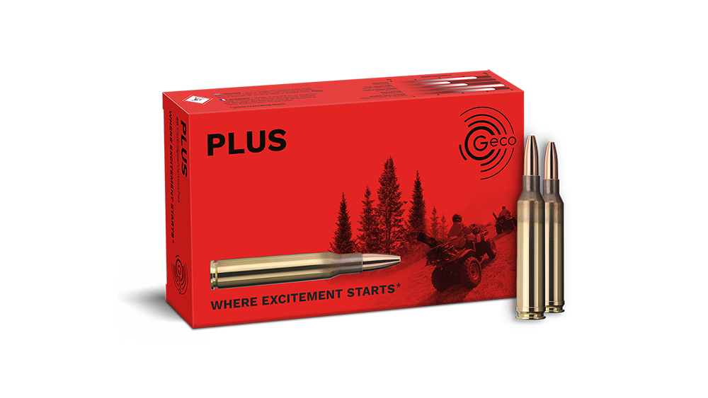 Frontview of ammunition and packaging of GECO 7mm Rem. Mag. PLUS 11,0g