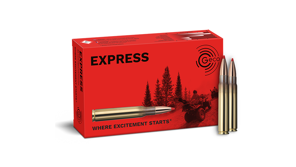 Frontview of ammunition and packaging of GECO 9,3x62 EXPRESS 16,5g