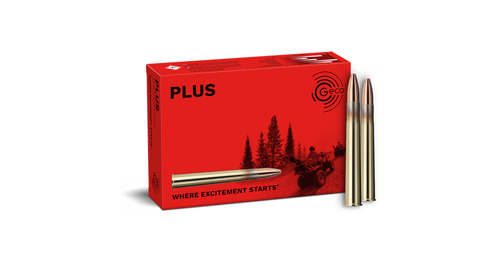 Frontview of ammunition and packaging of GECO 9,3x74 R PLUS 16,5g