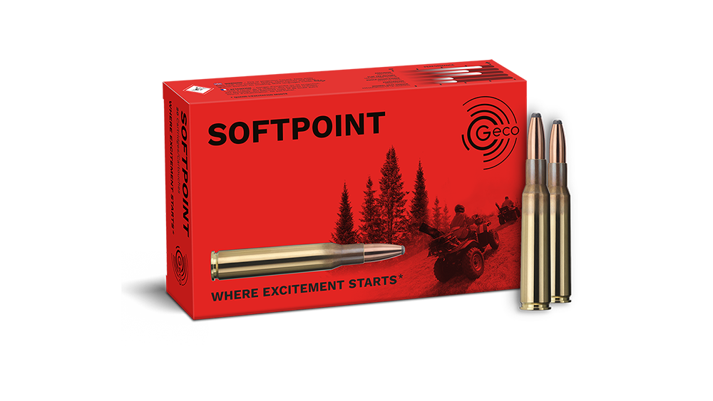 Frontview of ammunition and packaging of GECO 7x57 Softpoint 10,7g